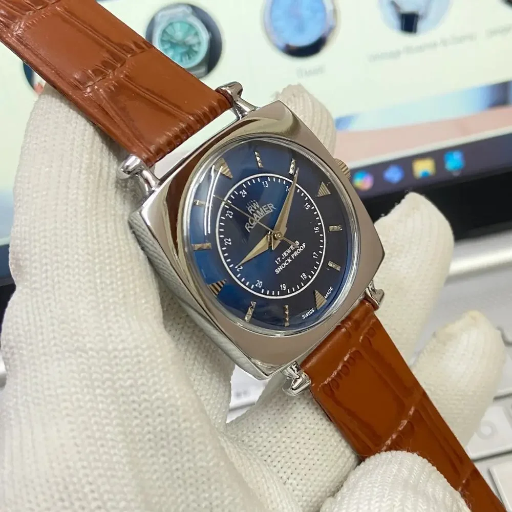 Vintage 1982 Roamer Manual Mens Silver Watch W/Leather Strap & Blue accents